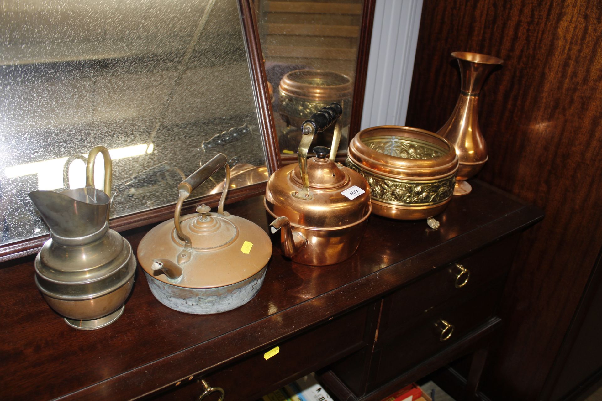 A collection of metal ware including copper kettle
