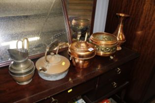 A collection of metal ware including copper kettle