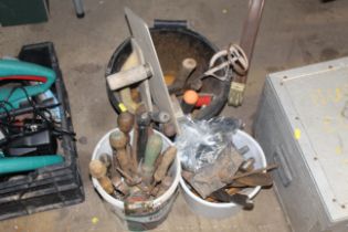 Three buckets containing various tools to include an adjustable spanner; various screw drivers;