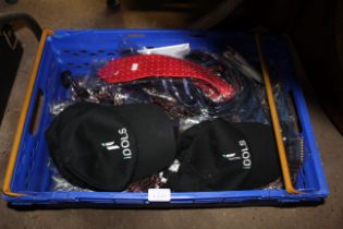 A box containing a quantity of various hats and ne
