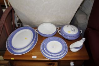 Bristol Ludlow blue and white part dinner service including plates, tureens and a sauce boat