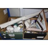 Two boxes containing various glassware, pictures,