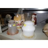 A novelty tea pot, character jug, two light shades