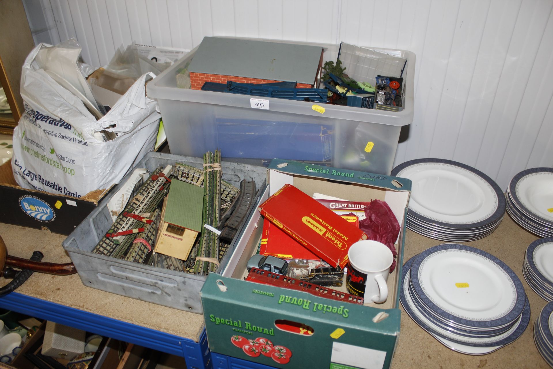 Four boxes of Hornby and other model railway items
