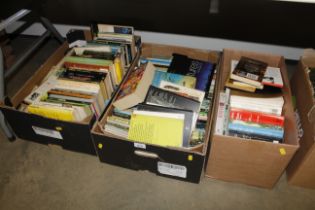 Three boxes of various books, mainly sci-fi