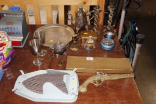 A selection of metal ware including a brass Marcovitch Art Deco box,a three piece coronation