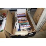 A box of DVDs etc