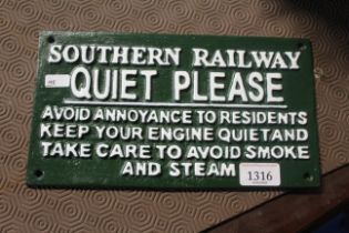 A painted cast iron sign "Southern Railway, Quite