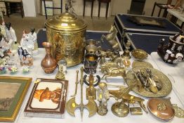 A quantity of various brass and silver plated ware