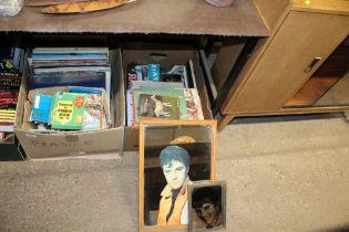 A box containing various books and Elvis Presley r