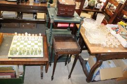 A green painted three tier whatnot and a mahogany