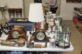 An oak cased three hole mantel clock and two table