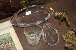 Two oval heavy glass Sevres dishes and a Lalique