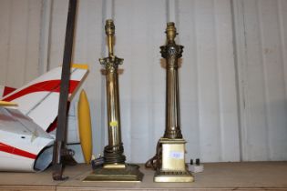 Two brass Corinthian column table lamps