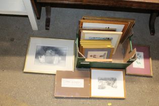 A box of floral, military and landscape prints etc