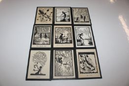 Nine Hubert Leslie silhouette prints depicting a "