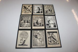 Nine Hubert Leslie silhouette prints depicting a "