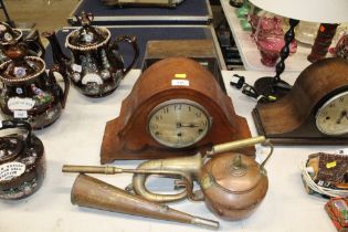 An oak three hole Westminster chime mantel clock;