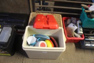 A cool box and quantity of plastic plates and a w
