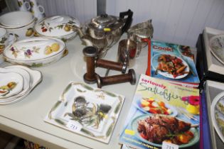 Three piece plated tea set, plated tankard, floral