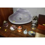 A collection of various coloured glass paperweights, a large Art Glass bowl etc