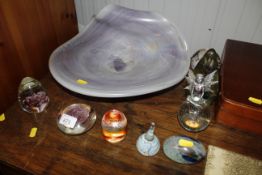 A collection of various coloured glass paperweights, a large Art Glass bowl etc
