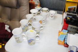 A collection of various decorative mugs
