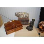 A carved figure group of mother and child, a hardwood stationery rack and an Eastern box with