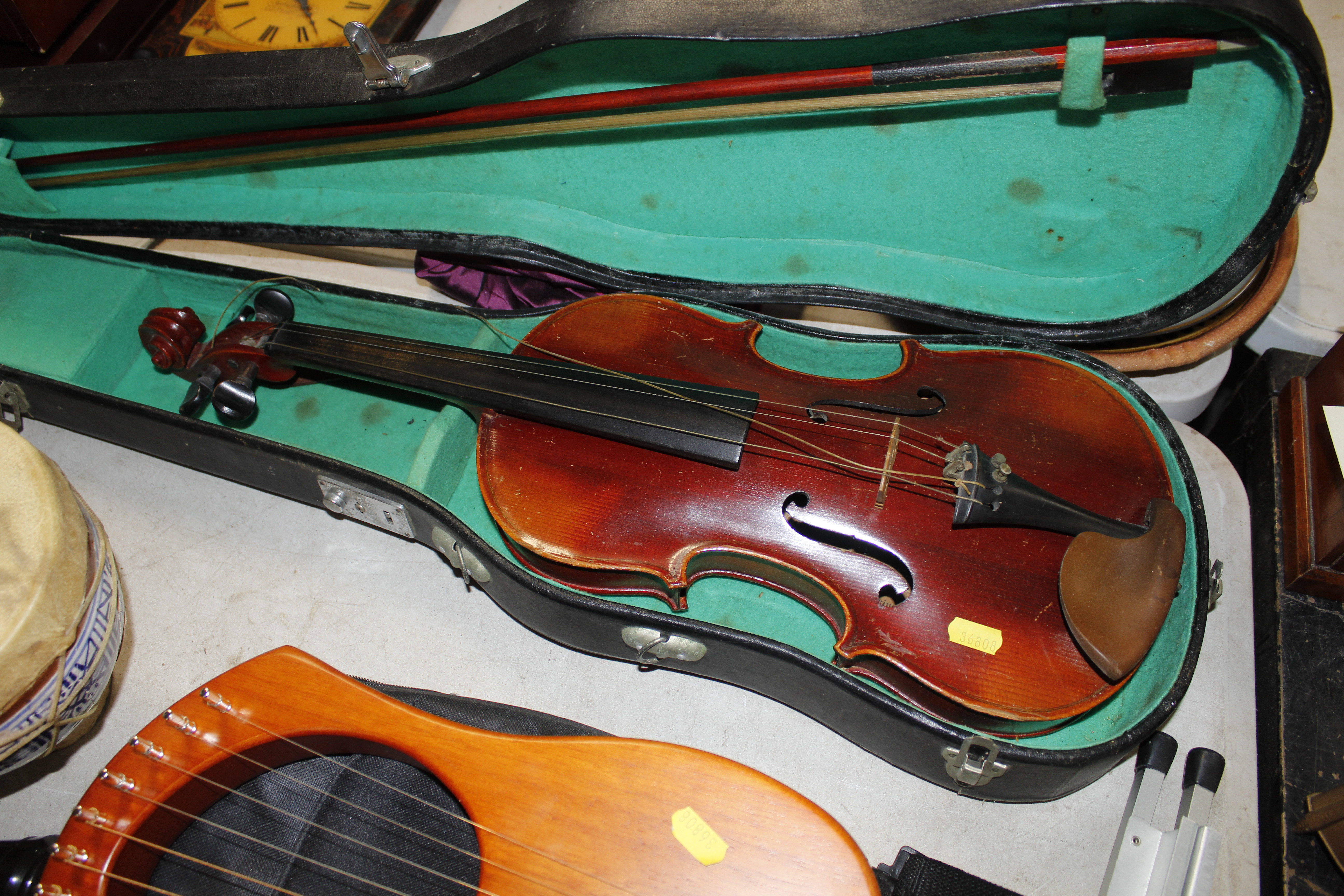 A cased violin and bow, various other musical inst - Image 2 of 3