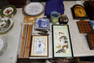 A decorative tile teapot stand, various prints, la
