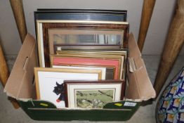 A box of various pictures, prints and photographs