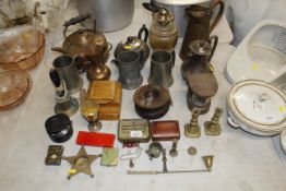 A quantity of copper and brassware; a vintage fishing