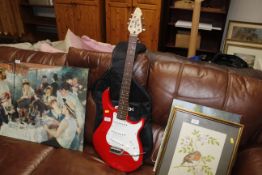 A Peavey electric guitar and carrying bag