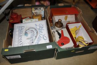 A box of lady's shoes; a price gun; various sundry