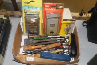A box of various tools to include a Draper impact