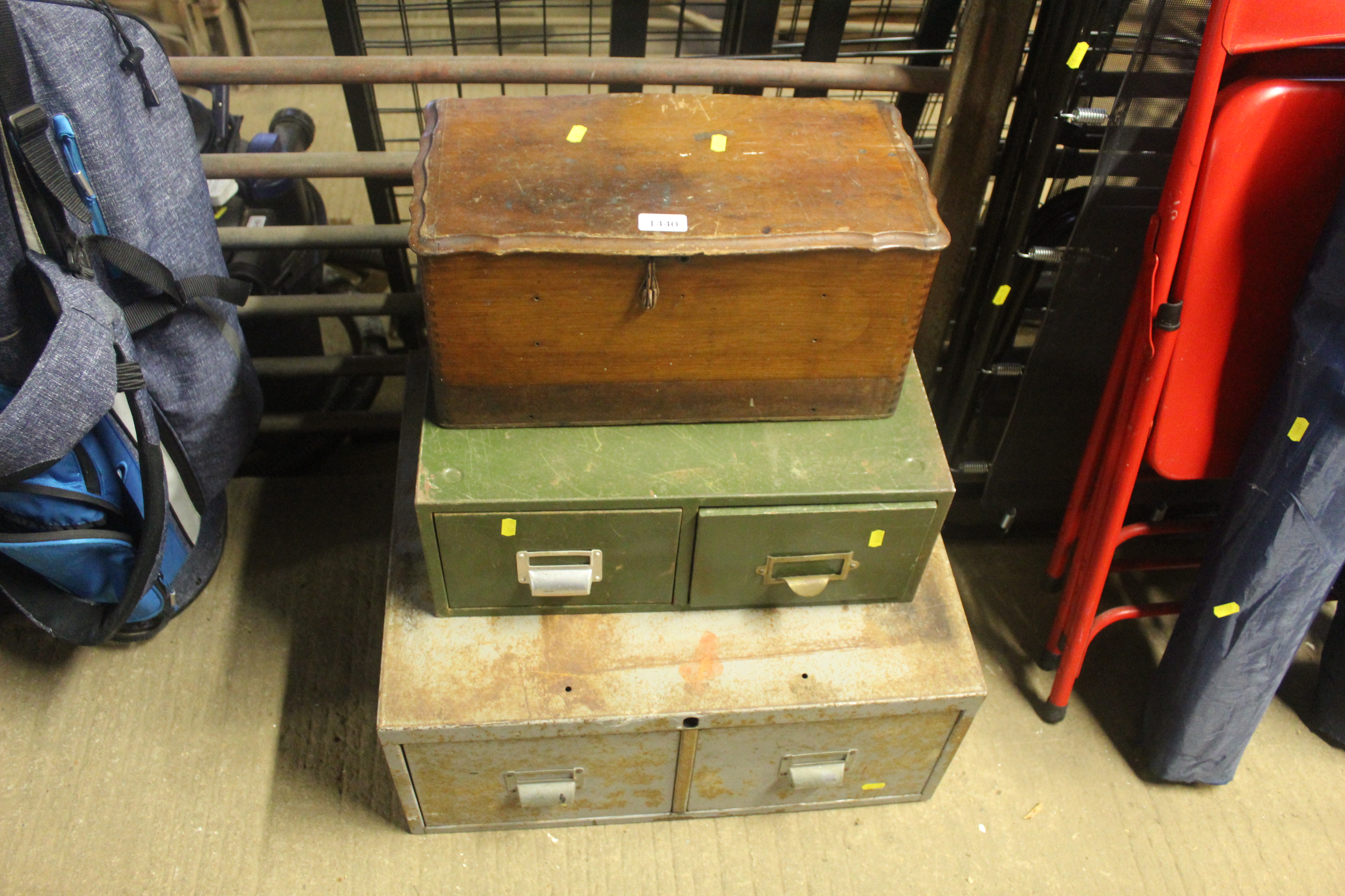 A small wooden sewing box and two metal two drawe