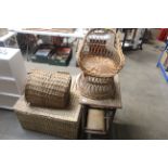 A Victorian cane side table with fitted undertray, a wicker child's chair, a pet carrying basket and