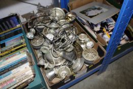 A box of miscellaneous plated ware including cande