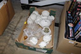 A box of mixed china and glass including Royal Dou
