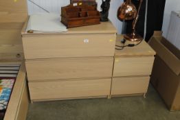 A modern laminate IKEA chest of three drawers and matching two drawer bedside cabinet