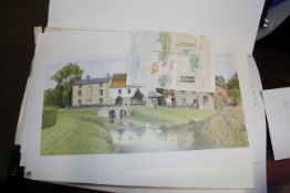 A folder of watercolours, prints related to Walberswick, Southwold, Snape, Blakeney and various