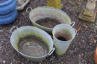 Two galvanised twin handled planters and a tall g