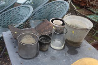 A galvanised bucket; a wooden and metal basket; a