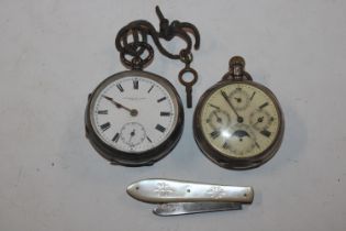 Two silver cased pocket watches and a mother of pe