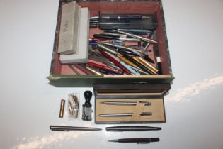 A box of various pens and spares to include Shaeff