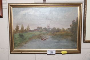Oil on canvas depicting river scene, unsigned