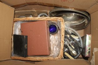 A box of various cutlery, silver plated ware etc.