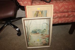 A framed and glazed watercolour depicting a woodla