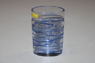 A Whitefriars glass vase with blue applied decorat