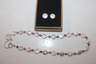 A Sterling silver cultured baroque pearl and amethyst necklace and pair of ear-rings